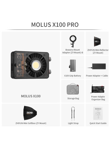 ZHIYUN MOLUS X100 PRO Bi-Color 100W COB Video Light, 385g LED Pocket Light 17317Lux 2700K-6500K CRI 95+/TLCI 97+ with Bluetooth App Control AC/DC Power Supply