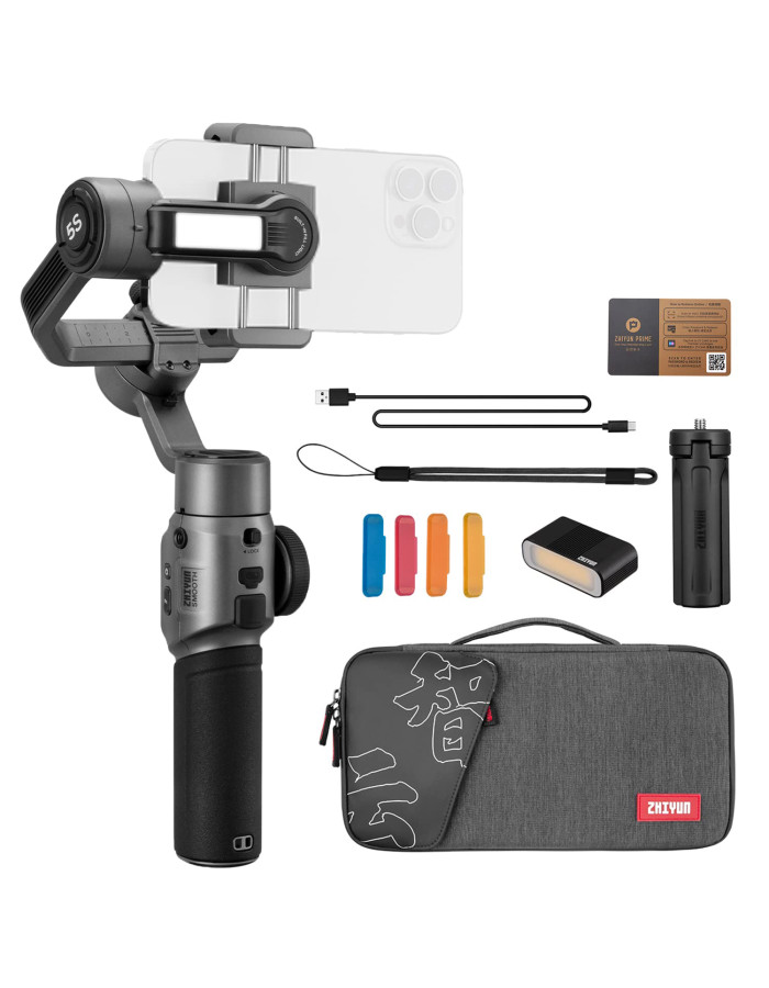 Zhiyun Smooth 5s COMBO with Inbuilt Light 3-Axis Gimbal Focus Pull & Zoom Capability Handheld Gimbal Stabilizer for Smartphone, Compatible with iPhone 14 Pro Max Mini 12 11 XS XR X 8 7 6 Plus Android Samsung Galaxy S8+ S8 S7 S6 S5