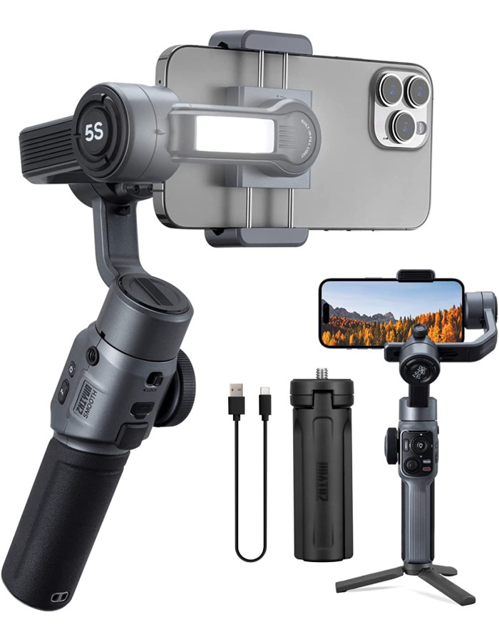 Zhiyun Smooth 5s with Inbuilt Light 3-Axis Gimbal Focus Pull & Zoom Capability Handheld Gimbal Stabilizer for Smartphone, Compatible with iPhone 14 Pro Max Mini 12 11 XS XR X 8 7 6 Plus Android Samsung Galaxy S8+ S8 S7 S6 S5